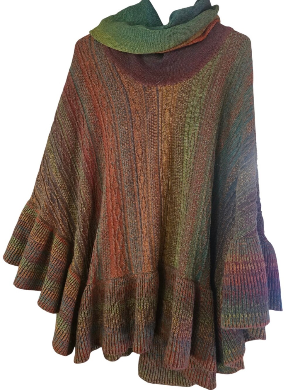 2 Sisters, Multicolor Cable Knit Poncho Sweater with Cowl Neck